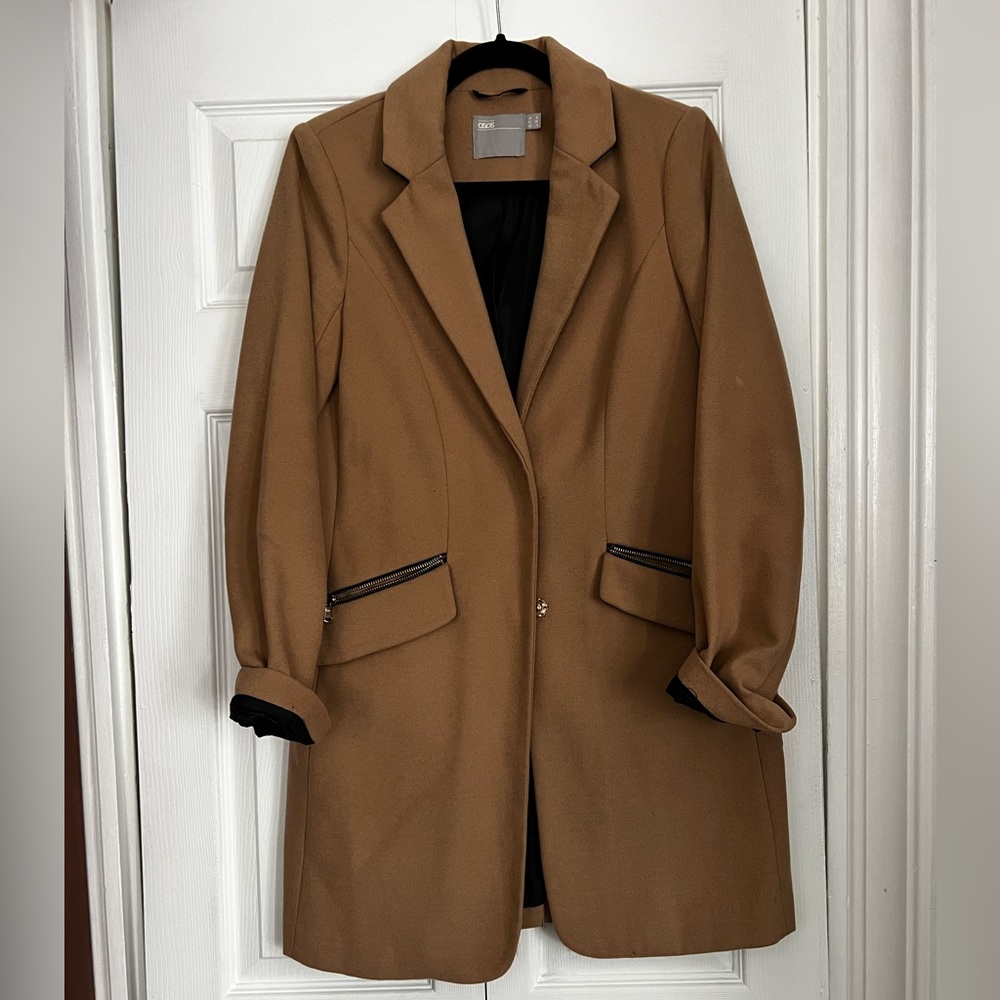 Camel peacoat with gold hardware